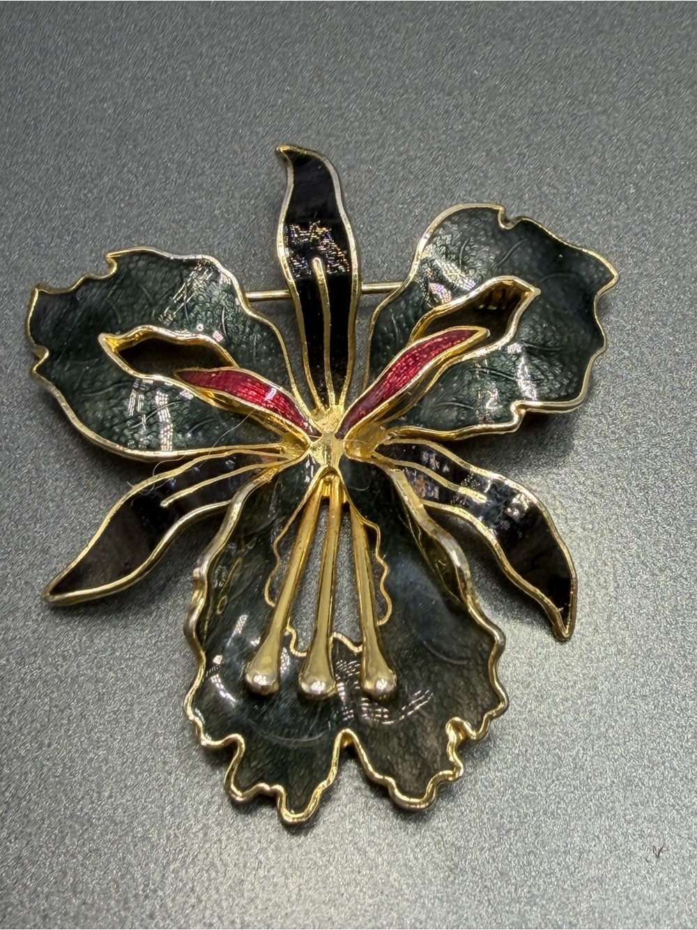 Cloisonné Orchid Flower Brooch in Gray  and Black